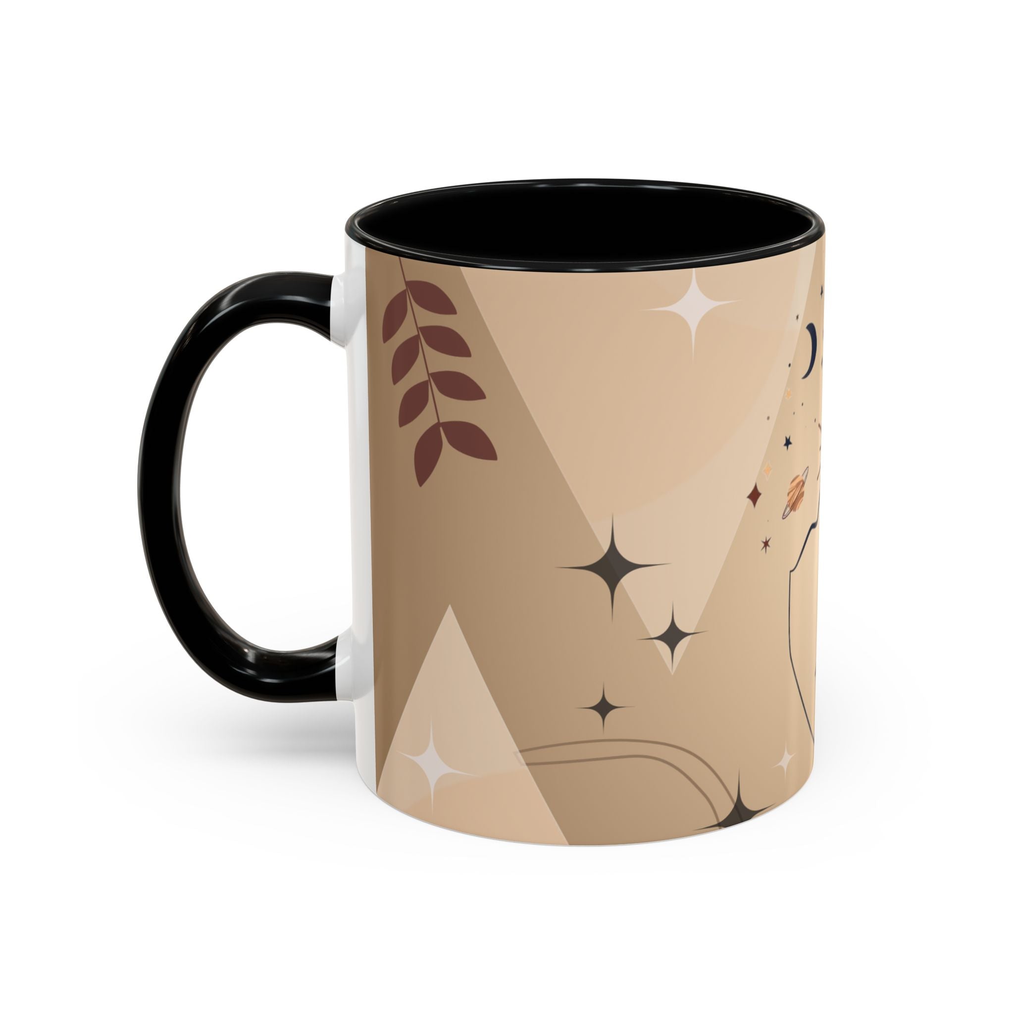 Mystic Line Art Coffee Mug — Abstract Face & Celestial Sun Design