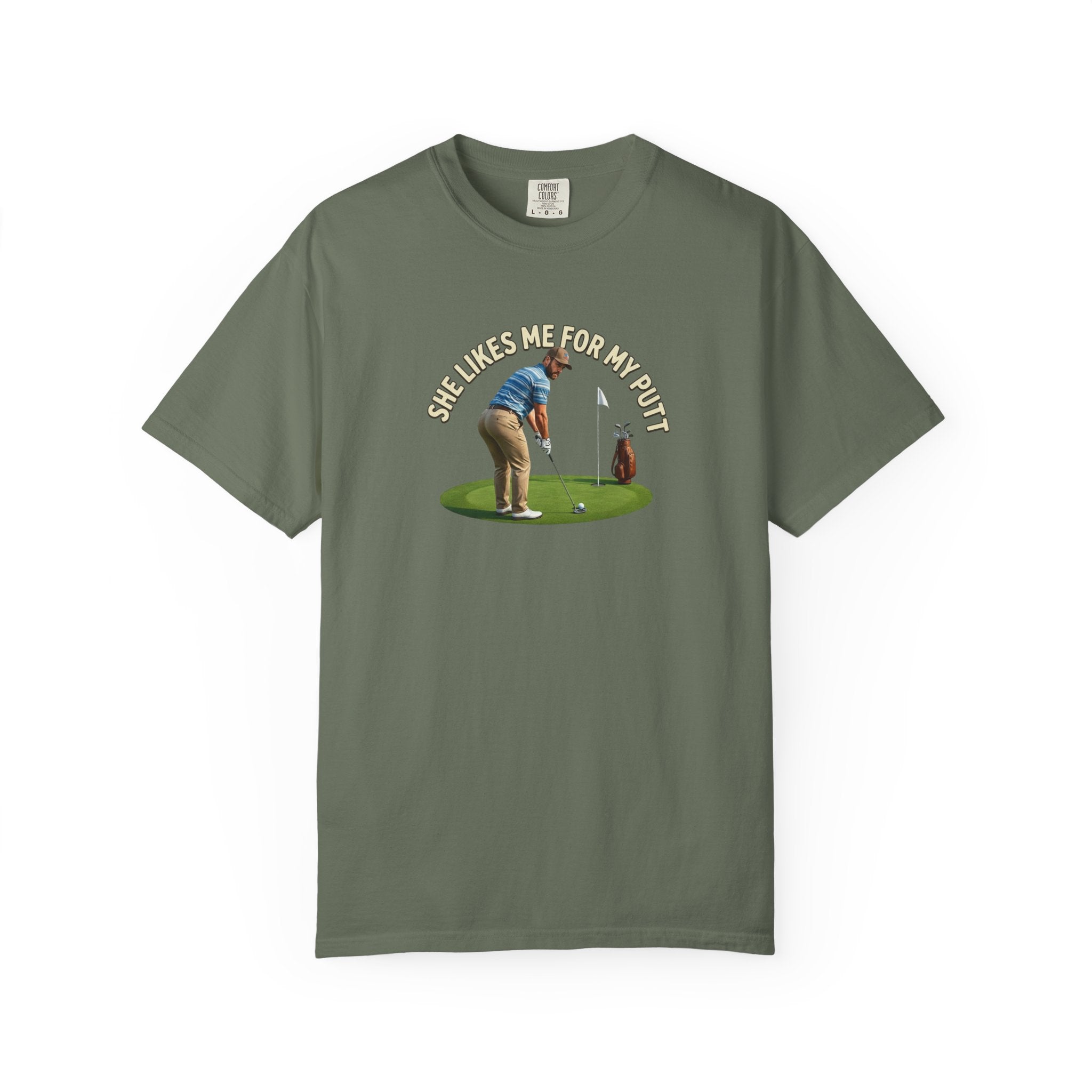 Men's Golf Tee — "She likes me for my putt" Graphic Humor Tee